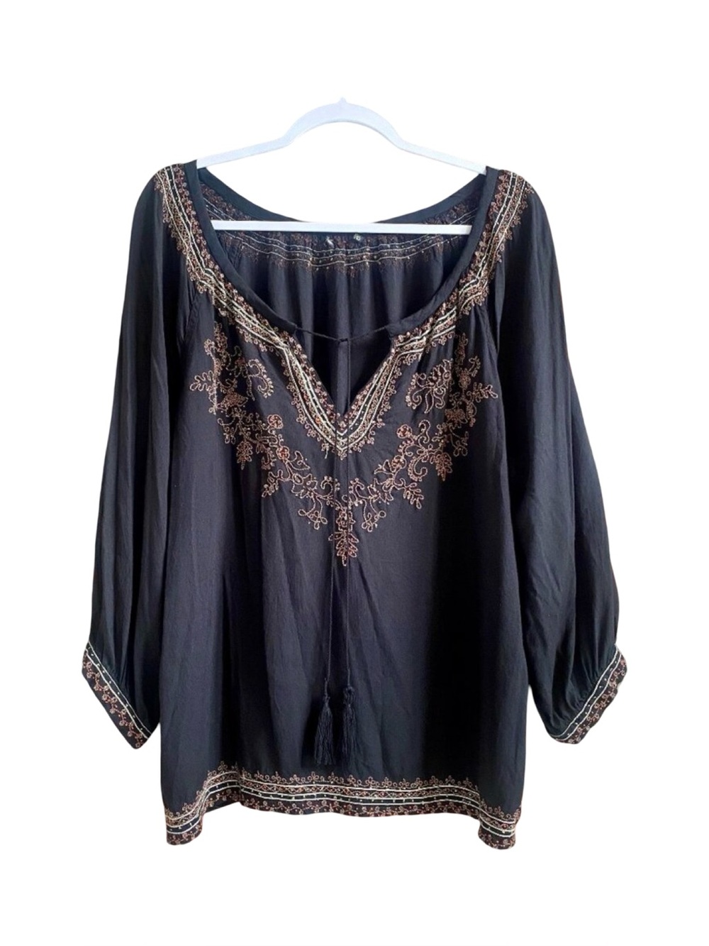 Source Unknown Black Peasant Blouse with Brown Embroidery